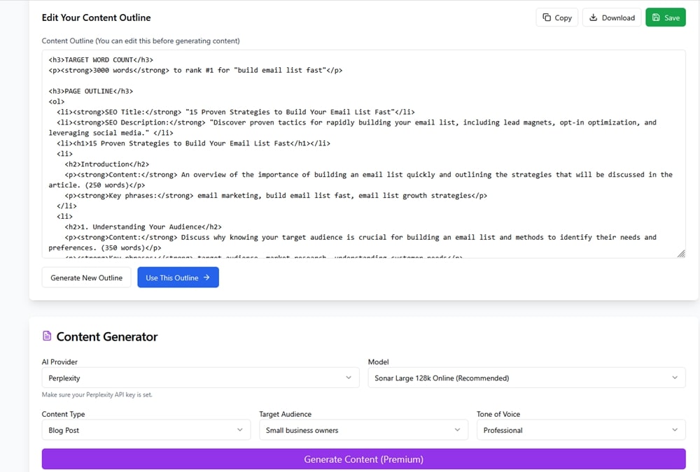Content Generation Workflow Screenshot